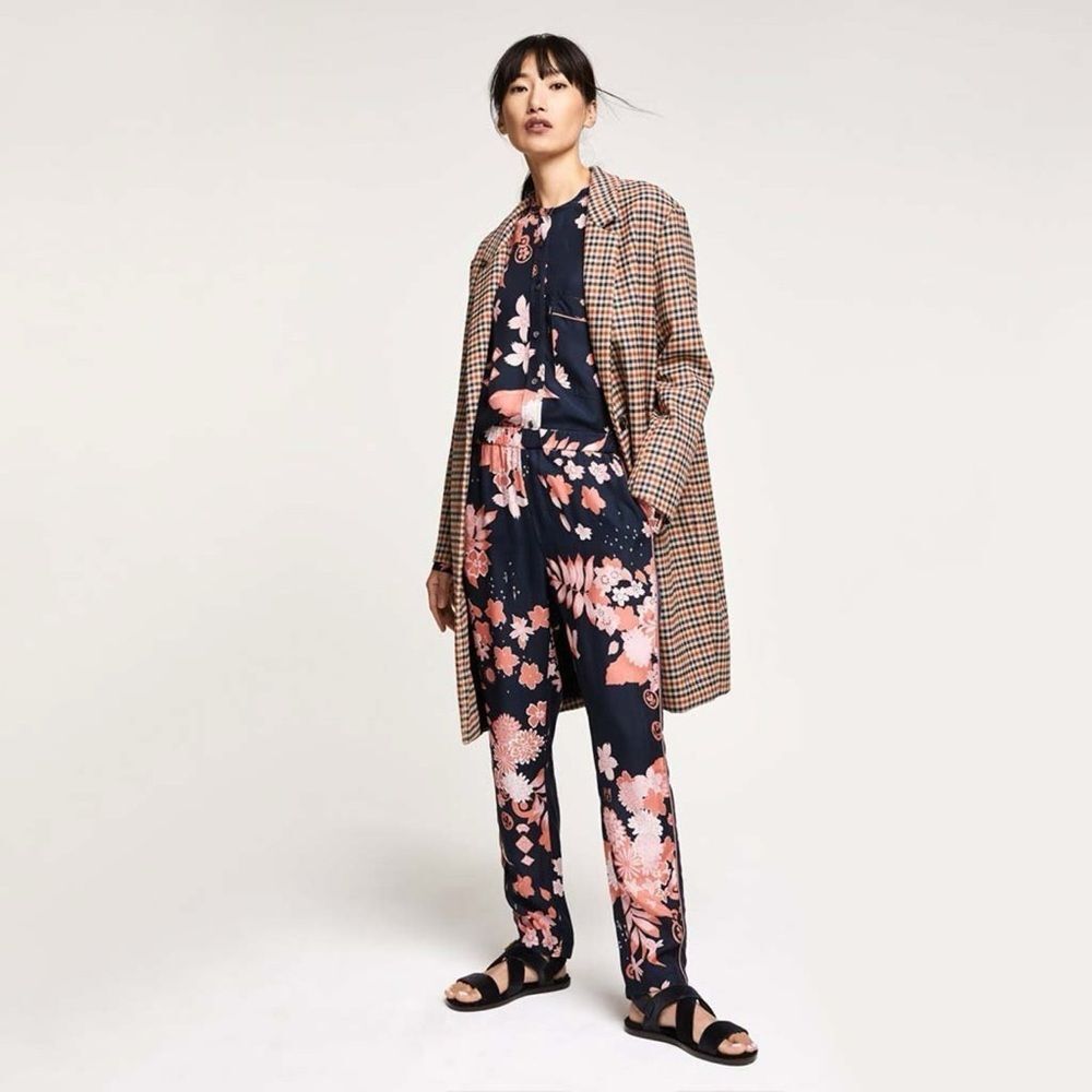 CLOSED Japanese Cherry Blossom Print Straight Leg Pants in Navy/Pink Sz 27